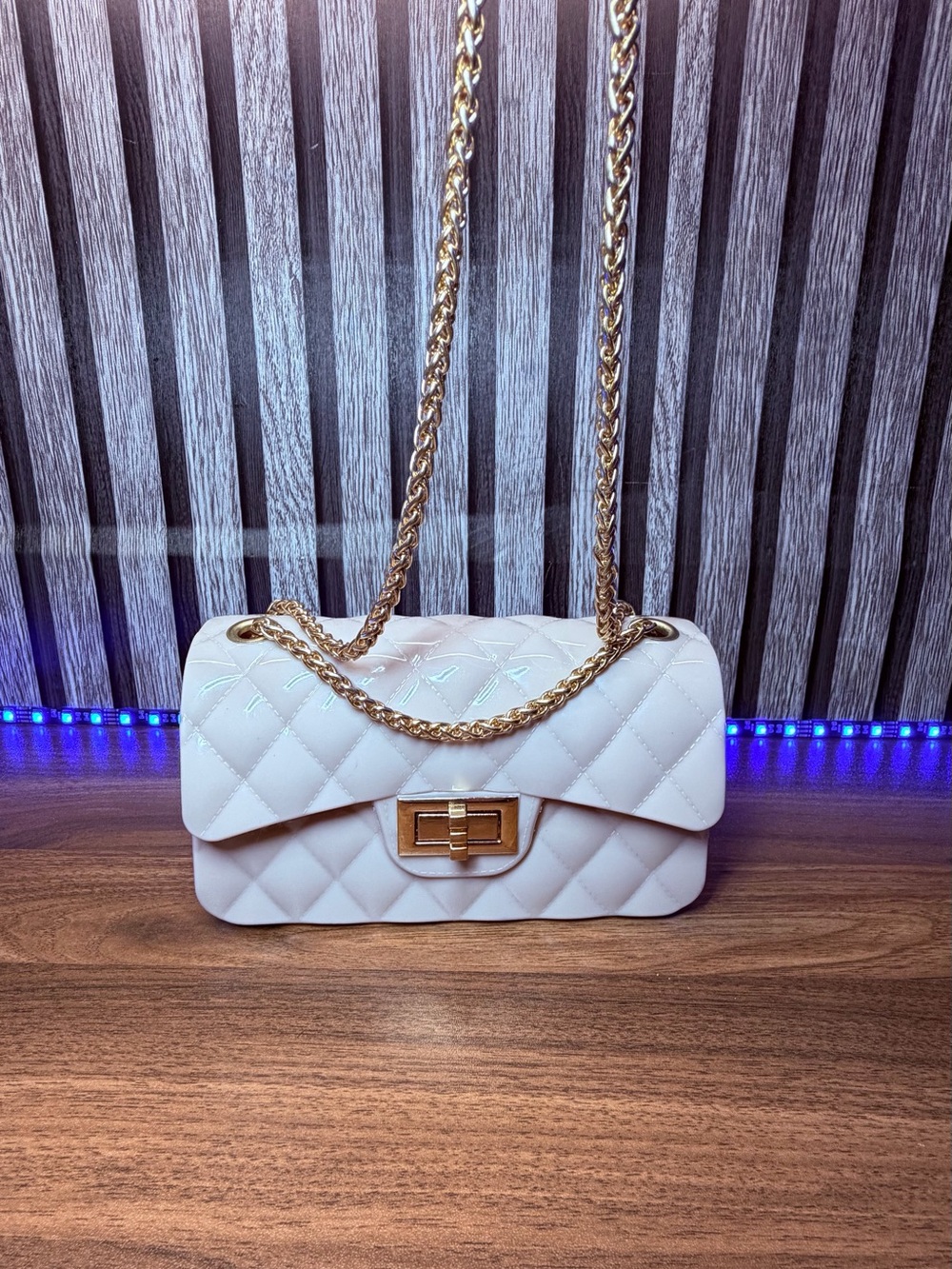 Classic Quilted White Shoulder Bag with Gold Chain Strap